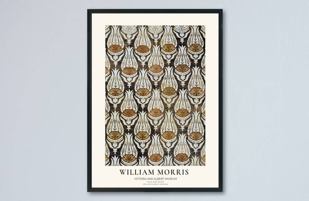 Rich charcoal and muted terracotta colors lend a cozy feel to this William Morris Tulip Velvet layout. Browse archival framed, unframed, and canvas options available at MapYourDreams to build a vintage gallery wall.