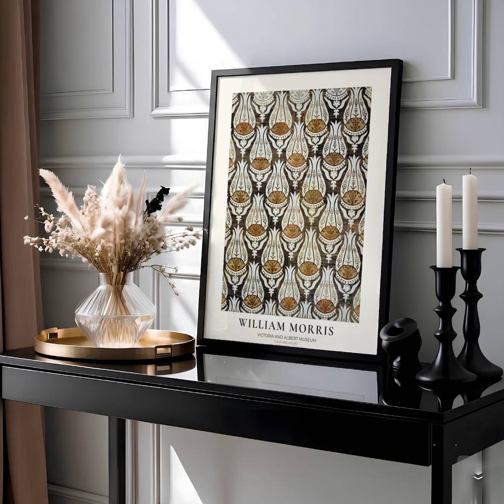 Structured velvet lattice patterns cover a dark ground in this William Morris Tulip Velvet art print. MapYourDreams provides archival framed, unframed, and canvas options available for heritage home interior decoration.