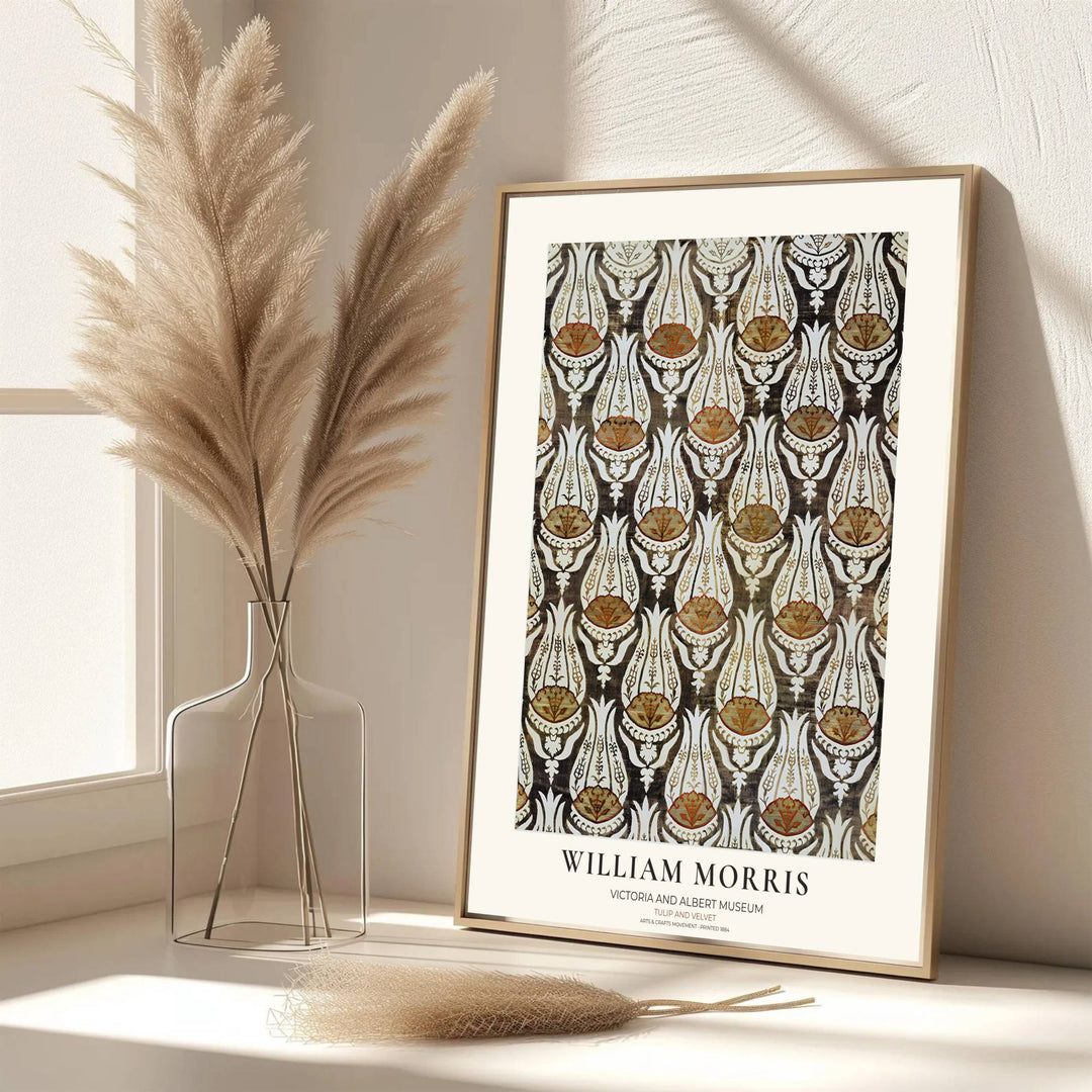 Serrated leaf arches enclose terracotta tulips in this vintage William Morris Tulip Velvet design for wall decor. MapYourDreams offers versatile framed, unframed, and canvas options available to refresh your home space.