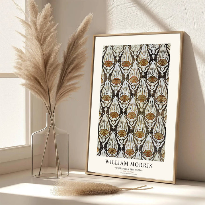 Serrated leaf arches enclose terracotta tulips in this vintage William Morris Tulip Velvet design for wall decor. MapYourDreams offers versatile framed, unframed, and canvas options available to refresh your home space.