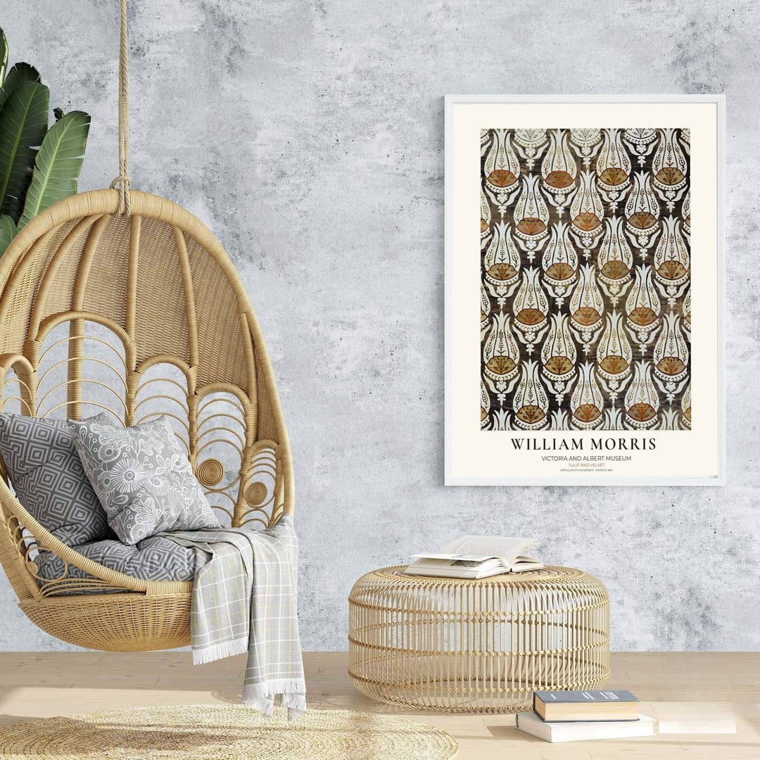 Woven fabric textures and botanical art combine for a sophisticated aesthetic in this William Morris Tulip Velvet poster. Shop ready-to-ship framed, unframed, and canvas options available from MapYourDreams.