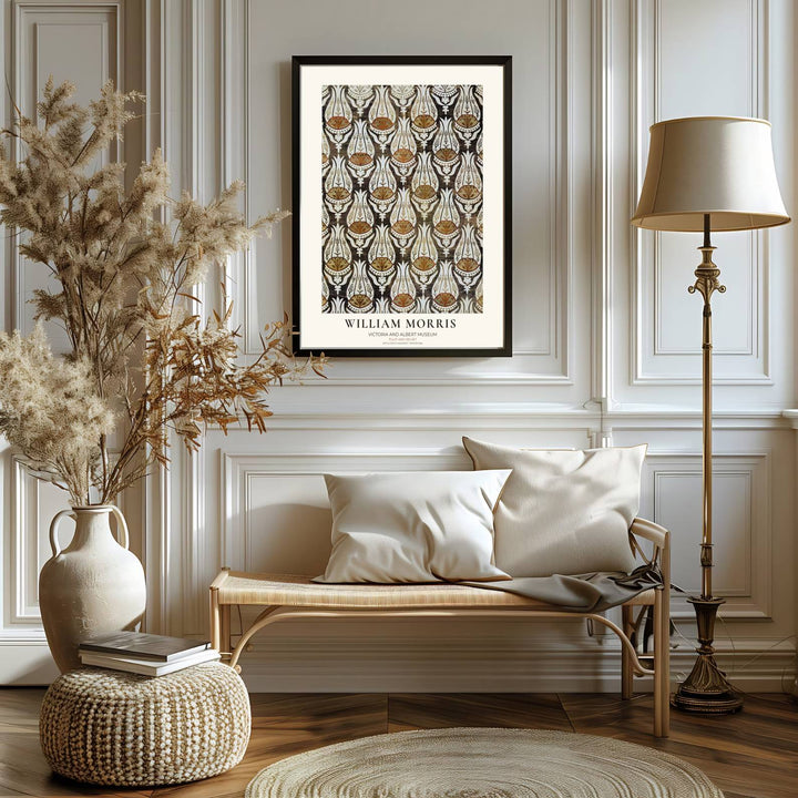 Botanical velvet patterns and cream serrated leaves bring historic charm in this William Morris Tulip Velvet print. MapYourDreams delivers museum-quality framed, unframed, and canvas options available for home delivery.