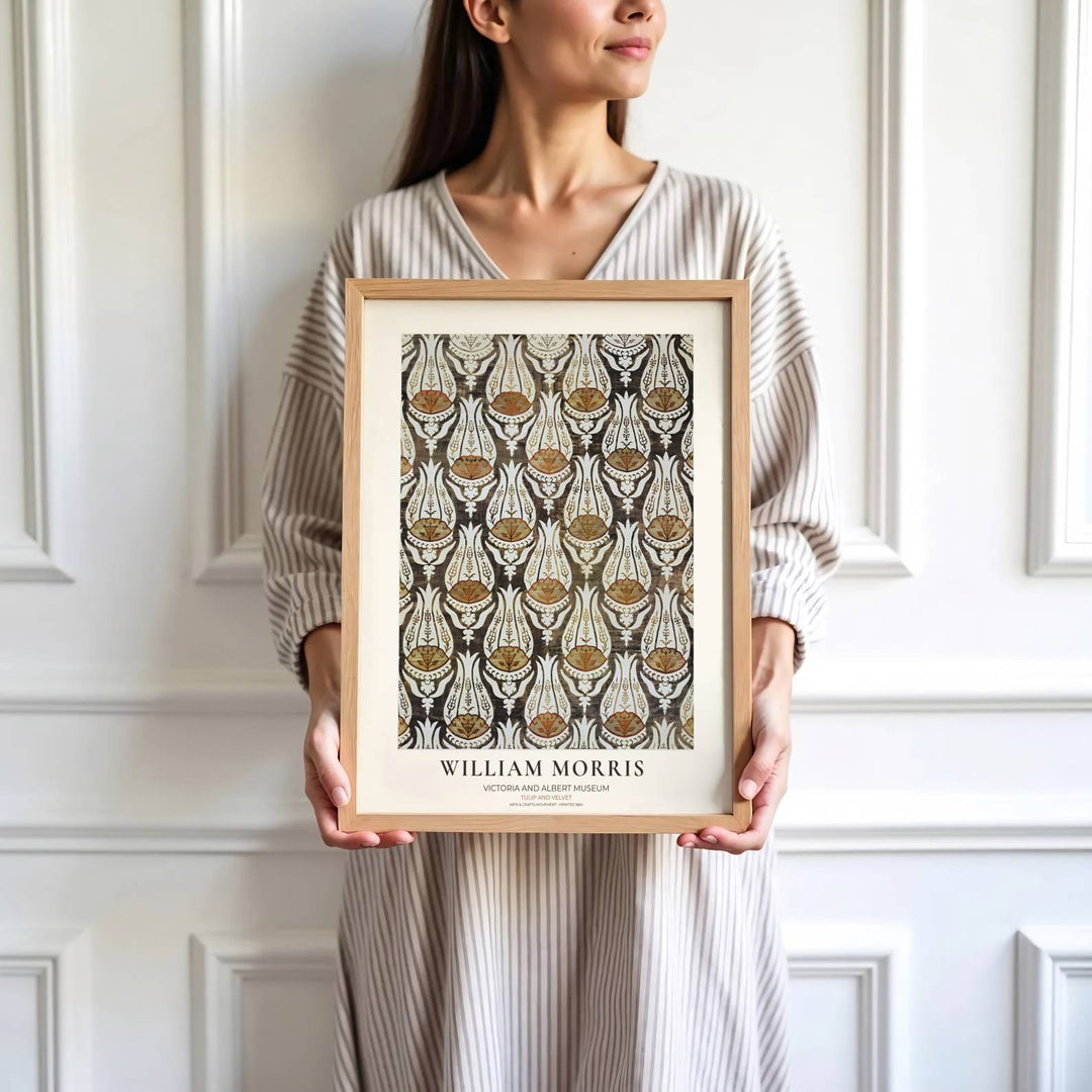 Terracotta tulip heads and cream leaf arches highlight the central design of this William Morris Tulip Velvet print. Find stunning framed, unframed, and canvas options available at MapYourDreams for gallery walls.
