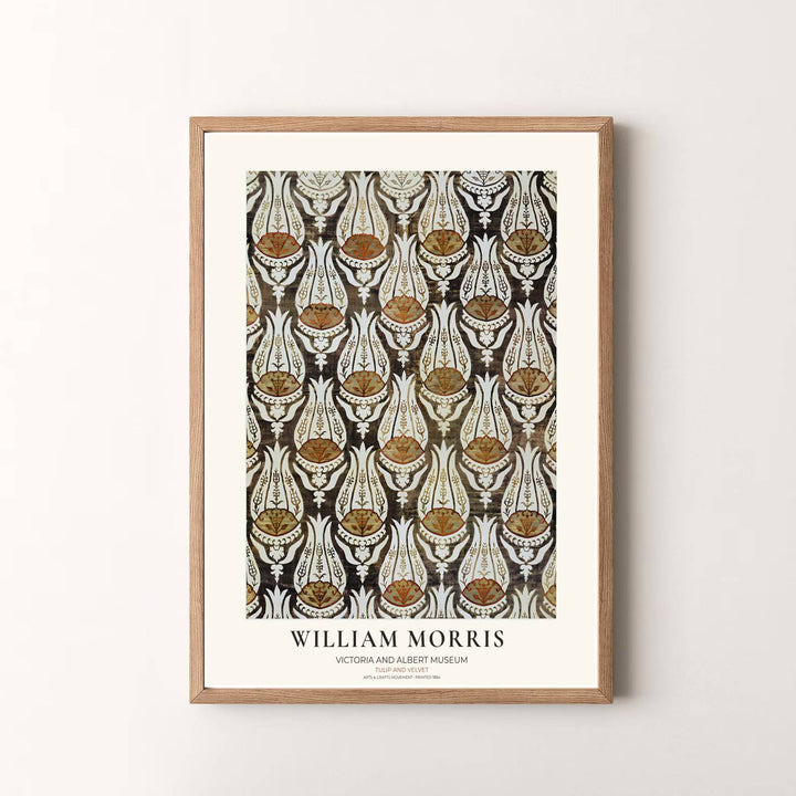 Authentic museum typography frames this charcoal and cream William Morris Tulip Velvet art layout. Pick high-contrast framed, unframed, and canvas options available at MapYourDreams for a refined presentation.