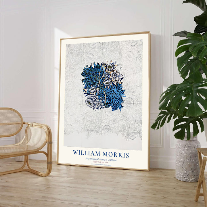 Hand-colored blue foliage surrounded by raw pencil sketch lines highlights this restored William Morris Tulip Willow Sketch print design. Order beautiful framed, unframed, and canvas options available at MapYourDreams today.