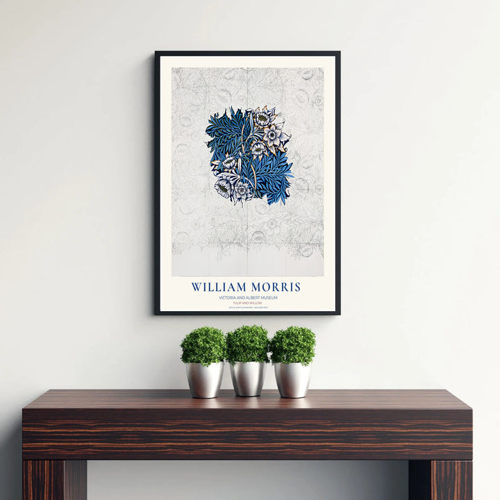Cobalt blue leaves and golden ochre accents mix with pencil lines in this William Morris Tulip Willow Sketch wall poster. MapYourDreams delivers museum-grade framed, unframed, and canvas options available with fast shipping.