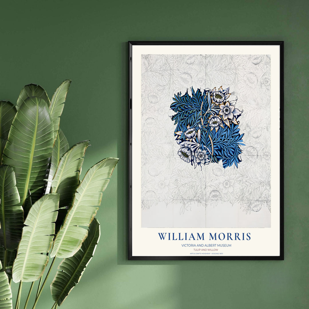 Vibrant cobalt blue and graphite pencil shades combine in this timeless English William Morris Tulip Willow Sketch print layout. Choose tailored framed, unframed, and canvas options available at MapYourDreams to complement decor.