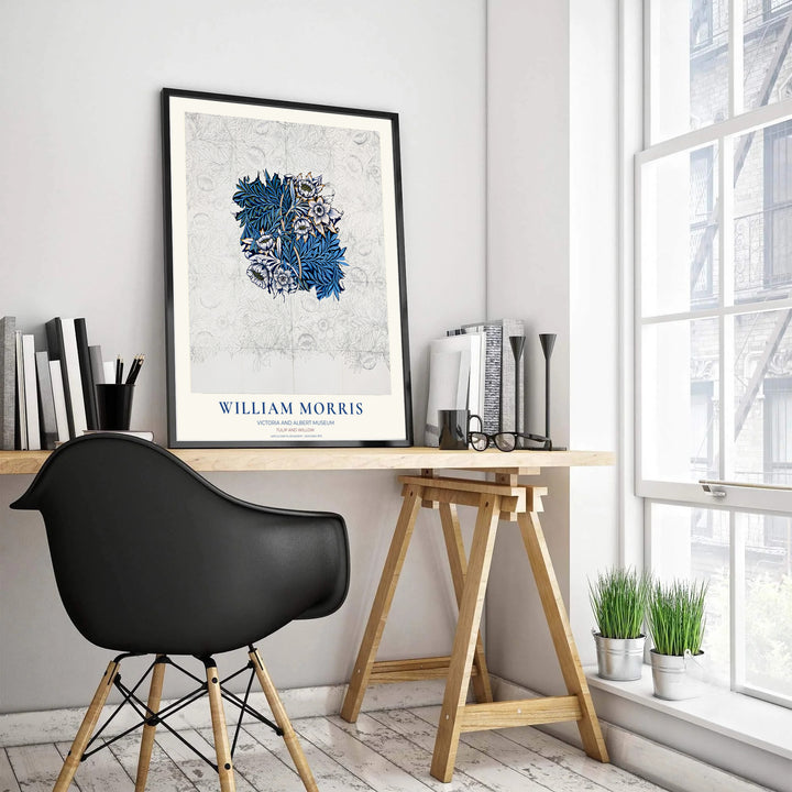 Bring artistic design history to your home with this blue and cream William Morris Tulip Willow Sketch exhibition layout. MapYourDreams offers custom framed, unframed, and canvas options available for creative studio displays.