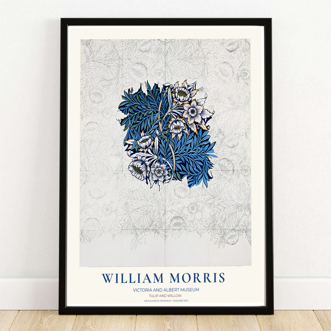 Cobalt blue willow leaves and white tulips pop over graphite sketch lines in this William Morris Tulip Willow Sketch print. MapYourDreams supplies this artwork in framed, unframed, and canvas options available for office wall decor.