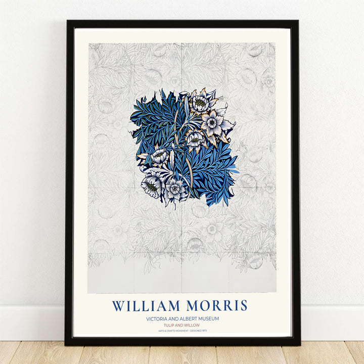Cobalt blue willow leaves and white tulips pop over graphite sketch lines in this William Morris Tulip Willow Sketch print. MapYourDreams supplies this artwork in framed, unframed, and canvas options available for office wall decor.