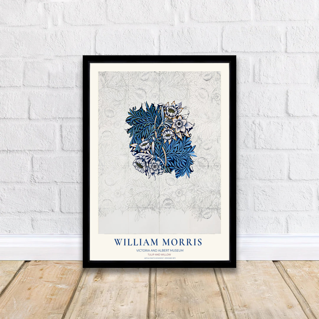 A historic design study layout highlights this 19th-century William Morris Tulip Willow Sketch exhibition poster. Shop premium framed, unframed, and canvas options available online today from MapYourDreams for wall spaces.