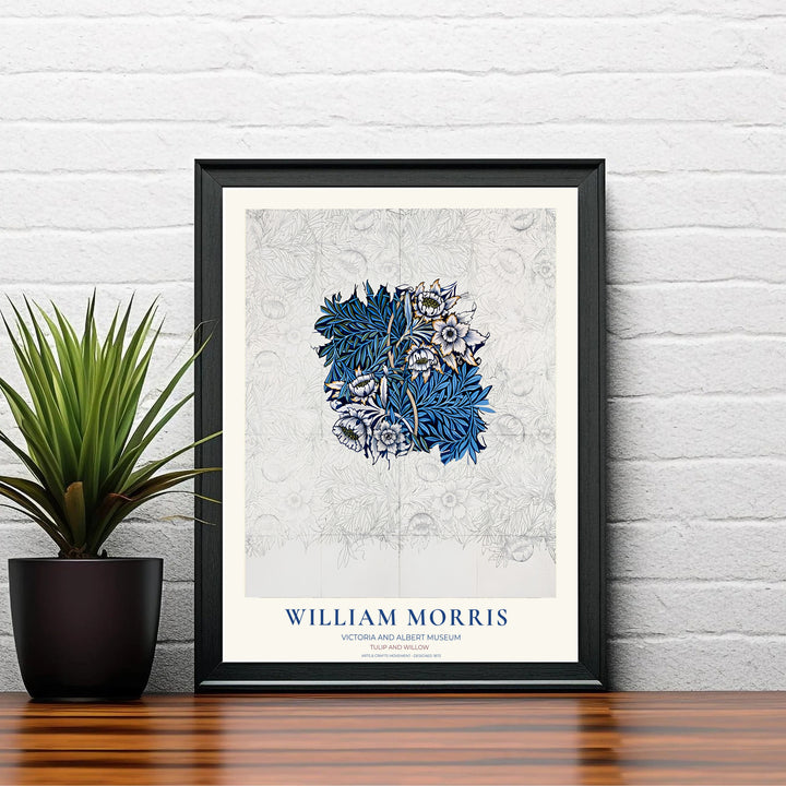 Detailed pencil grid lines and blue floral color sections define this William Morris Tulip Willow Sketch print. MapYourDreams offers fine art framed, unframed, and canvas options available to elevate office gallery wall setups.