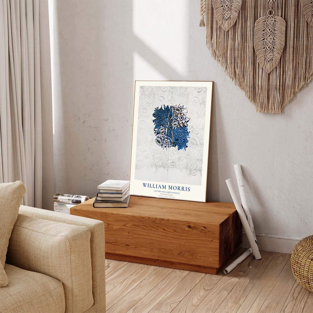 Cobalt blue tones meet pencil sketch details in a sophisticated William Morris Tulip Willow Sketch artwork print. MapYourDreams provides stylish framed, unframed, and canvas options available for designing elegant living quarters.
