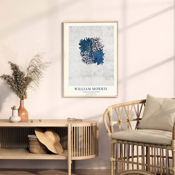 Hand-colored blue foliage and pencil guidelines decorate this restored William Morris Tulip Willow Sketch wall art piece. Buy long-lasting framed, unframed, and canvas options available at MapYourDreams to expand your art set.