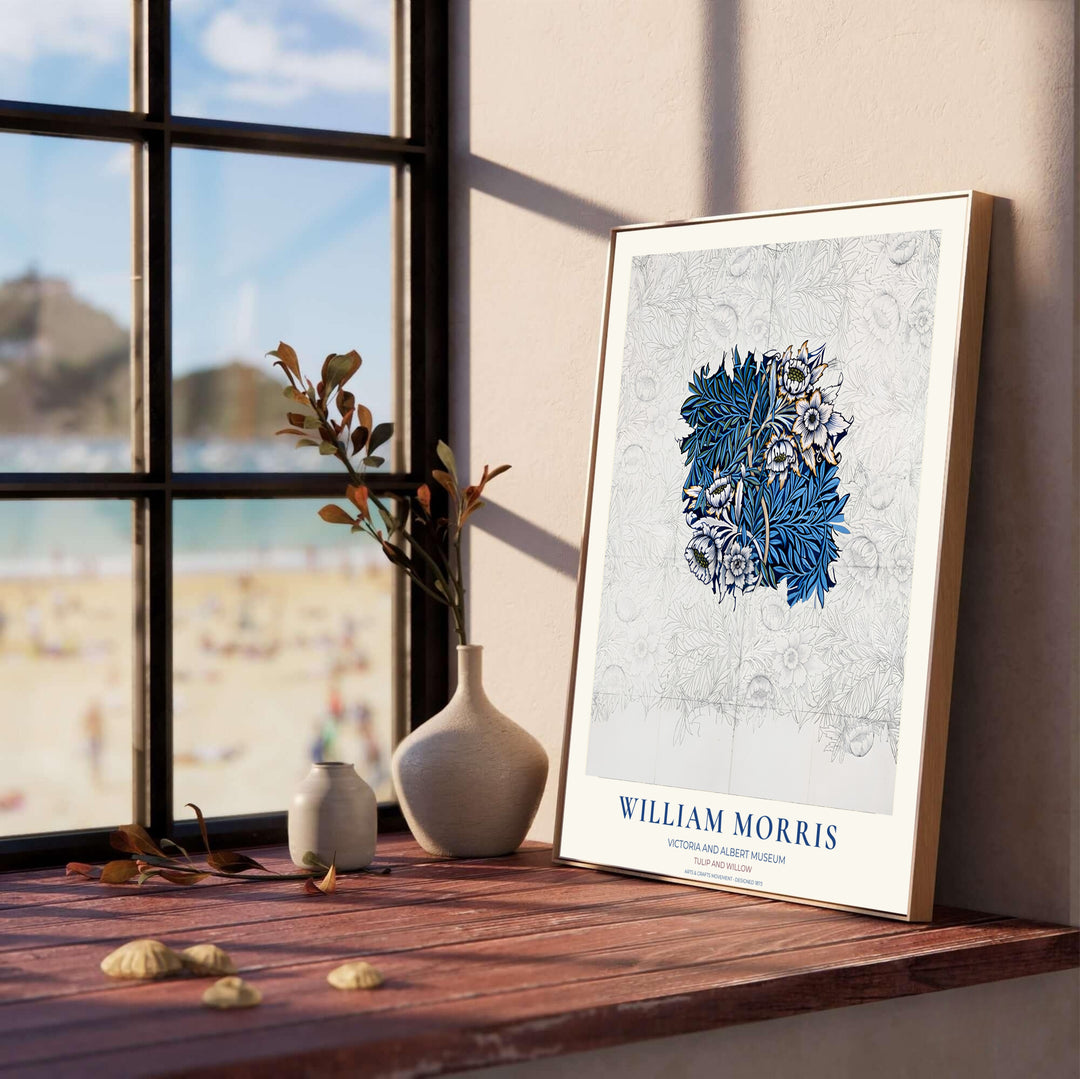White tulip blossoms and cobalt blue willow leaves star in this Victorian William Morris Tulip Willow Sketch wall poster. Select durable framed, unframed, and canvas options available at MapYourDreams for picture frame setups.