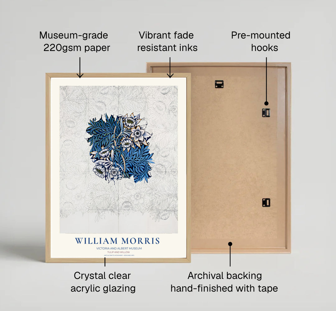 Pencil design guidelines contrast with hand-colored blue foliage in this 1873 William Morris Tulip Willow Sketch poster. Discover high-quality framed, unframed, and canvas options available at MapYourDreams to style your living room.