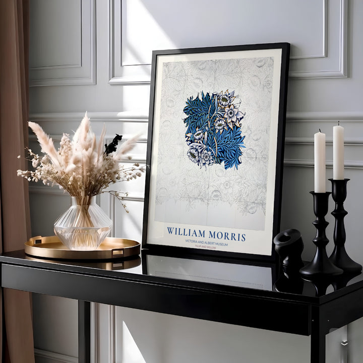 Historic craft study drawing paired with dark blue floral accents fills this William Morris Tulip Willow Sketch art print. MapYourDreams provides archival framed, unframed, and canvas options available for home interior decoration.