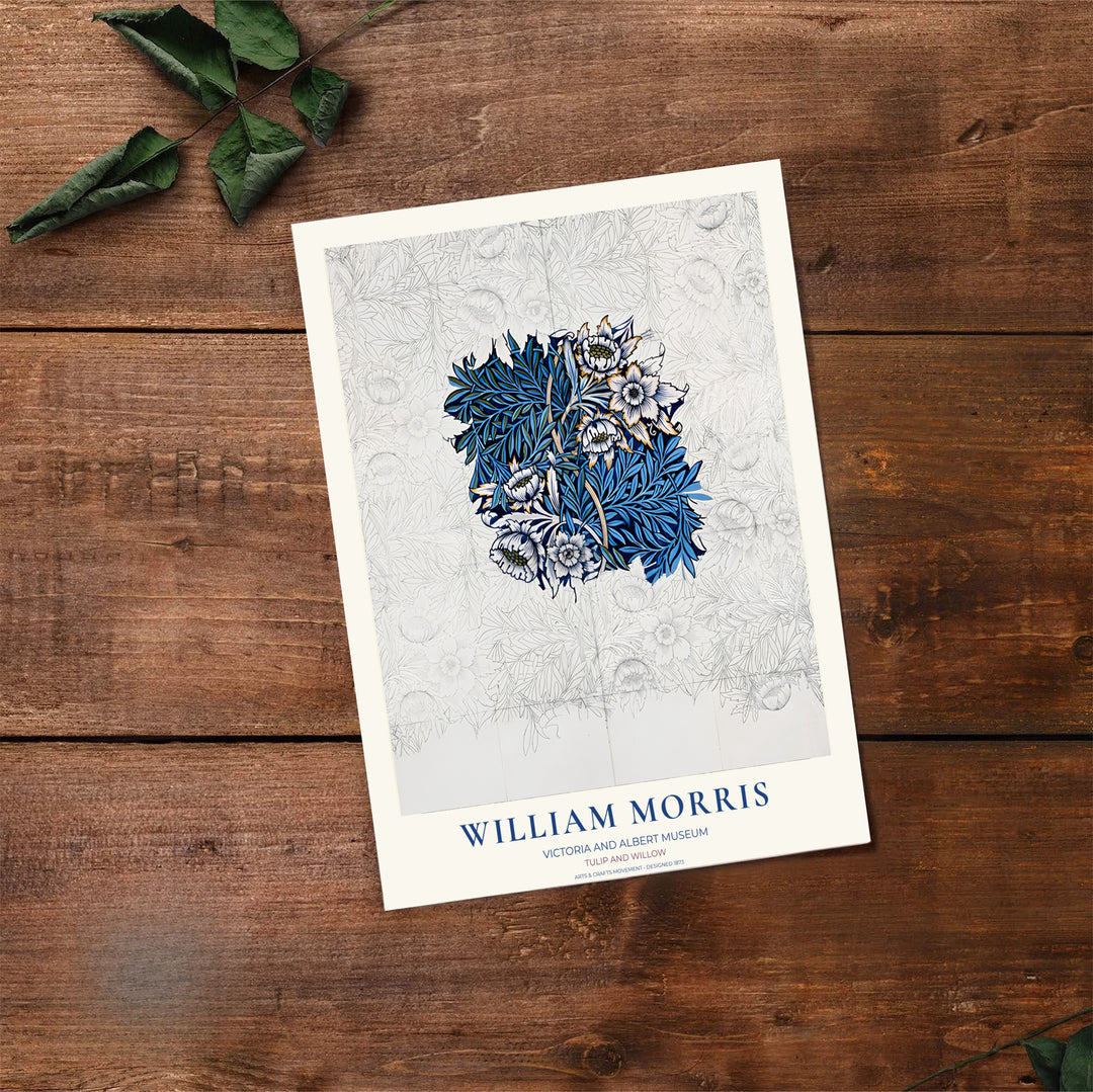 English design process heritage shines in this blue and cream William Morris Tulip Willow Sketch illustration. Order custom framed, unframed, and canvas options available at MapYourDreams to establish a refined interior accent.
