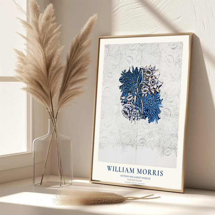 Pencil grid lines frame hand-colored blue tulips in this vintage William Morris Tulip Willow Sketch design for wall decor. MapYourDreams offers versatile framed, unframed, and canvas options available to refresh your space.
