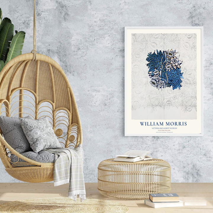 Process design art and cobalt foliage combine for an artistic aesthetic in this William Morris Tulip Willow Sketch poster. Shop ready-to-ship framed, unframed, and canvas options available from MapYourDreams for home walls.