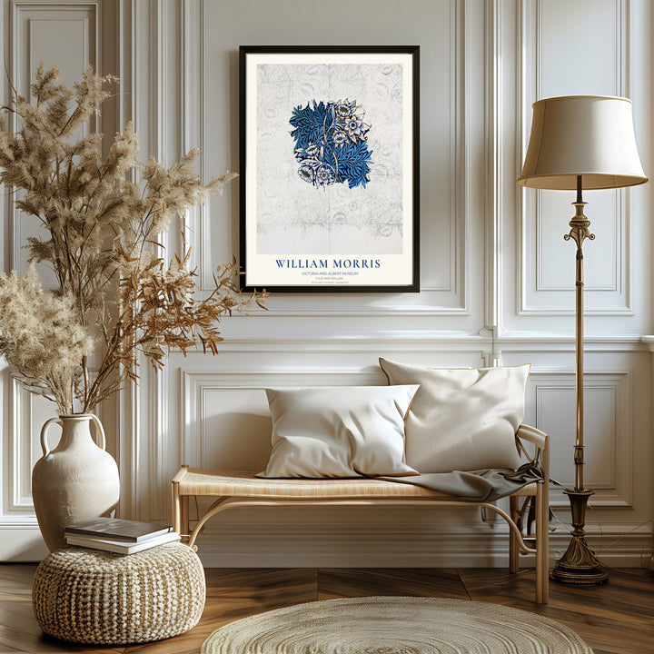 Botanical line sketches and hand-colored blue leaves bring historic charm in this William Morris Tulip Willow Sketch print. MapYourDreams delivers museum-quality framed, unframed, and canvas options available for home delivery.