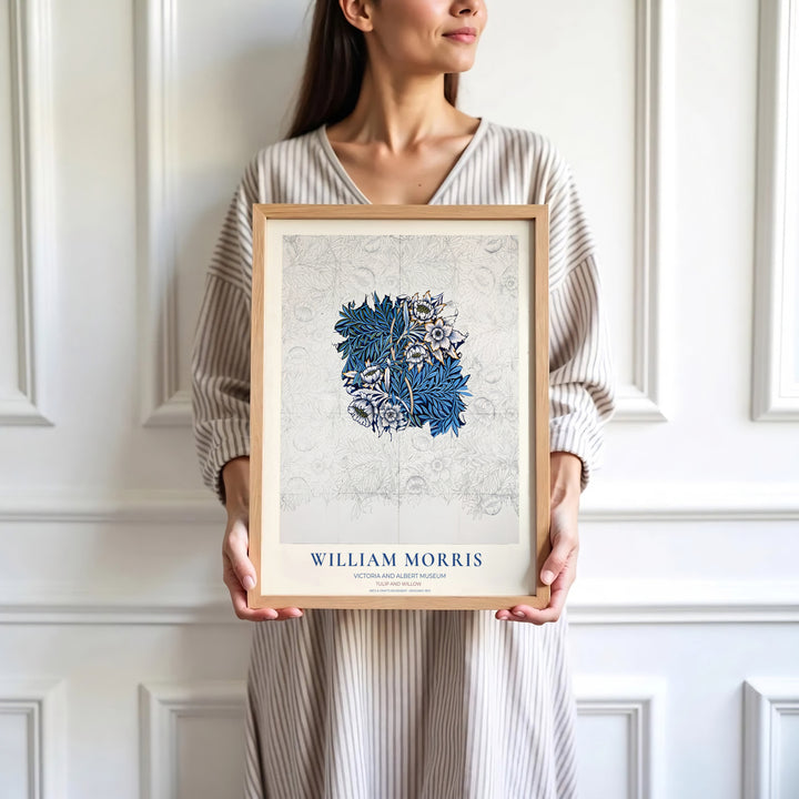 Blue willow leaves and white tulip heads highlight the central design of this William Morris Tulip Willow Sketch print. Find stunning framed, unframed, and canvas options available at MapYourDreams for gallery wall displays.