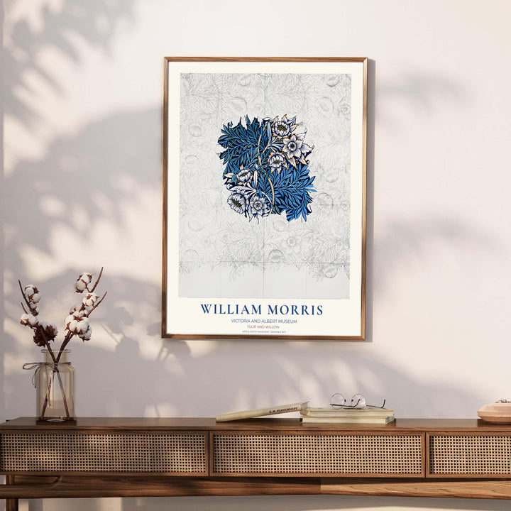Muted graphite and cobalt blue wall decor inspired by 1873 sketches defines this William Morris Tulip Willow Sketch print. MapYourDreams brings tailored framed, unframed, and canvas options available to match your style.