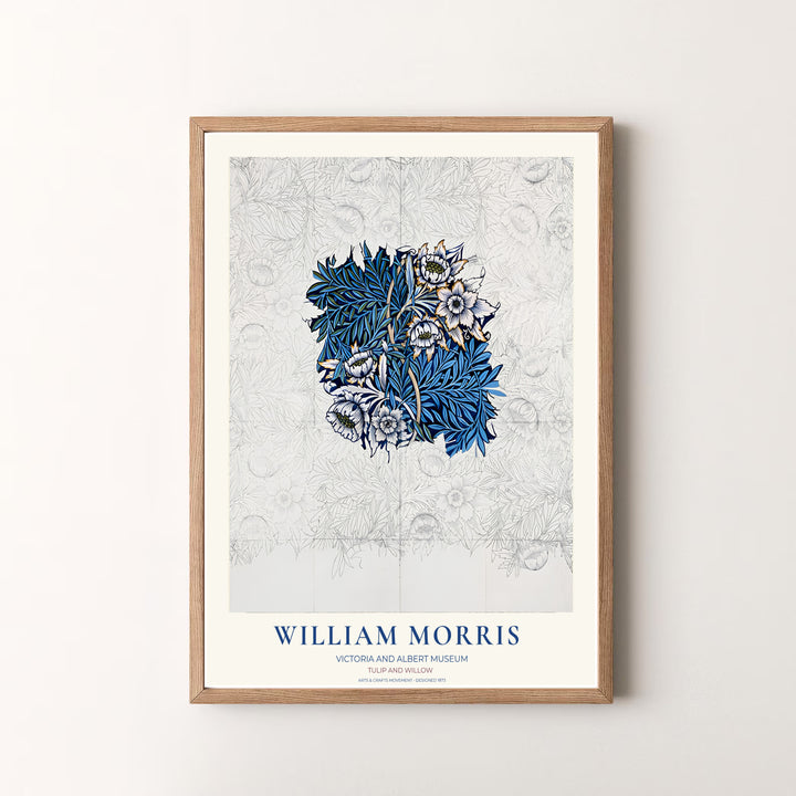 Authentic museum typography frames this blue and graphite William Morris Tulip Willow Sketch art layout. Pick high-contrast framed, unframed, and canvas options available at MapYourDreams for a refined art presentation.