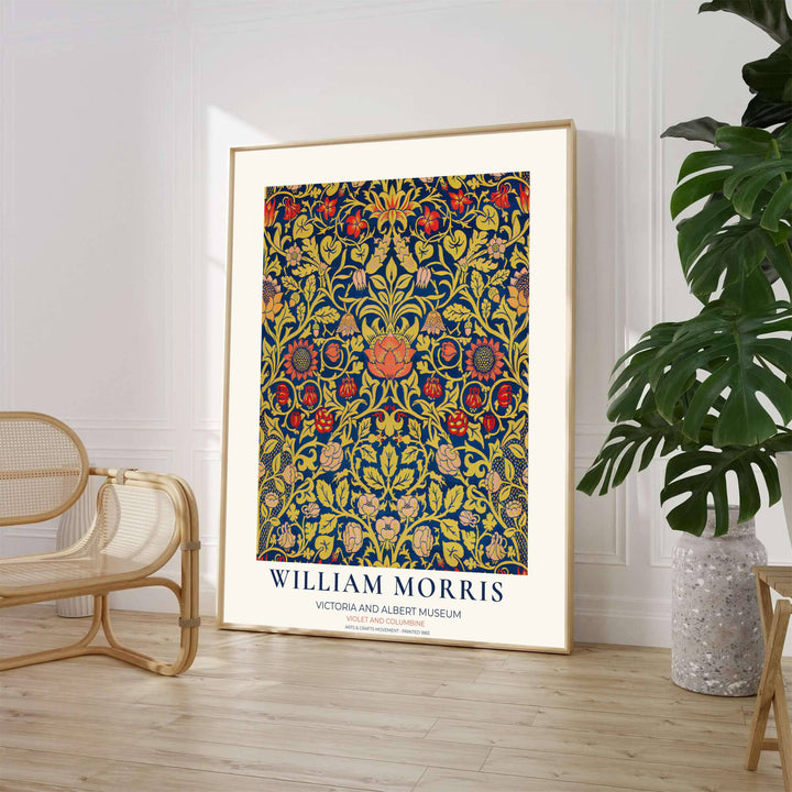 Deep blue hues, golden vines, and floral details define this 1883 William Morris Violet and Columbine museum pattern poster. Discover custom framed, unframed, and canvas print options at MapYourDreams.