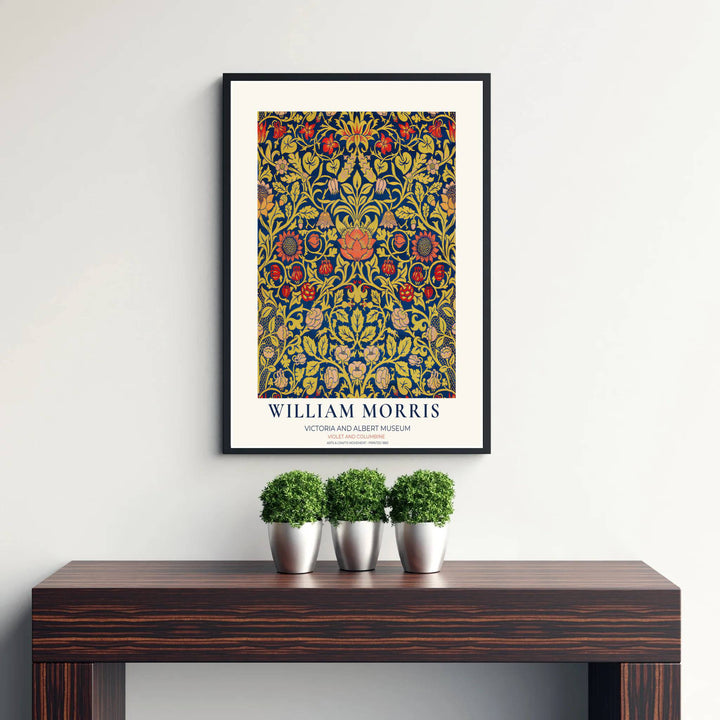 Antique botanical tapestry motifs from the Victoria and Albert Museum in this William Morris Violet and Columbine design elevate walls. MapYourDreams features high-definition framed, unframed, and canvas formats.