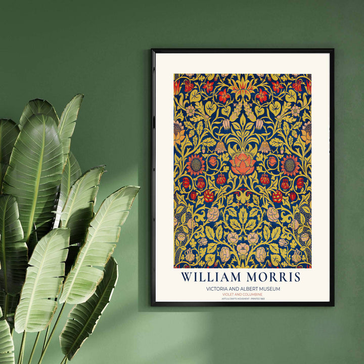 Elegant pink and red floral blooms framing golden vines on a Victoria and Albert Museum exhibition piece mark this print design. Choose tailored framed, unframed, and canvas poster formats at MapYourDreams.