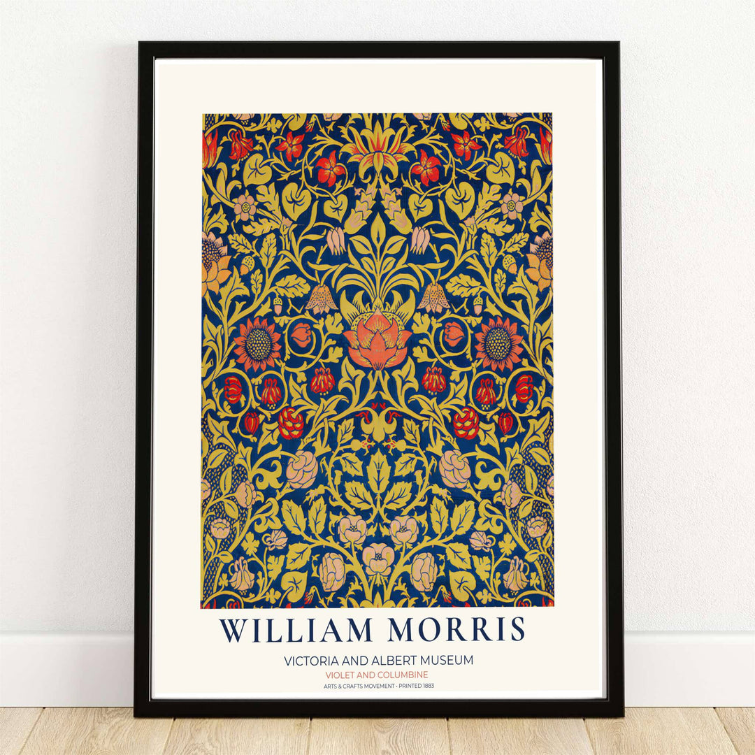 The William Morris Violet and Columbine Victoria and Albert Museum exhibition poster features ornate blue and gold floral patterns. MapYourDreams provides framed, unframed, and canvas options.