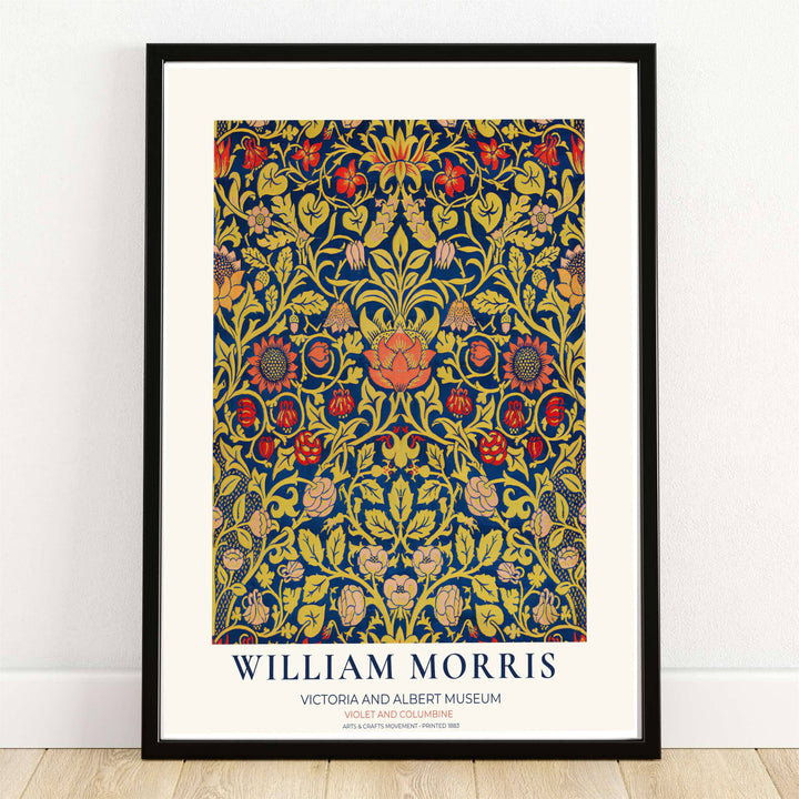 The William Morris Violet and Columbine Victoria and Albert Museum exhibition poster features ornate blue and gold floral patterns. MapYourDreams provides framed, unframed, and canvas options.