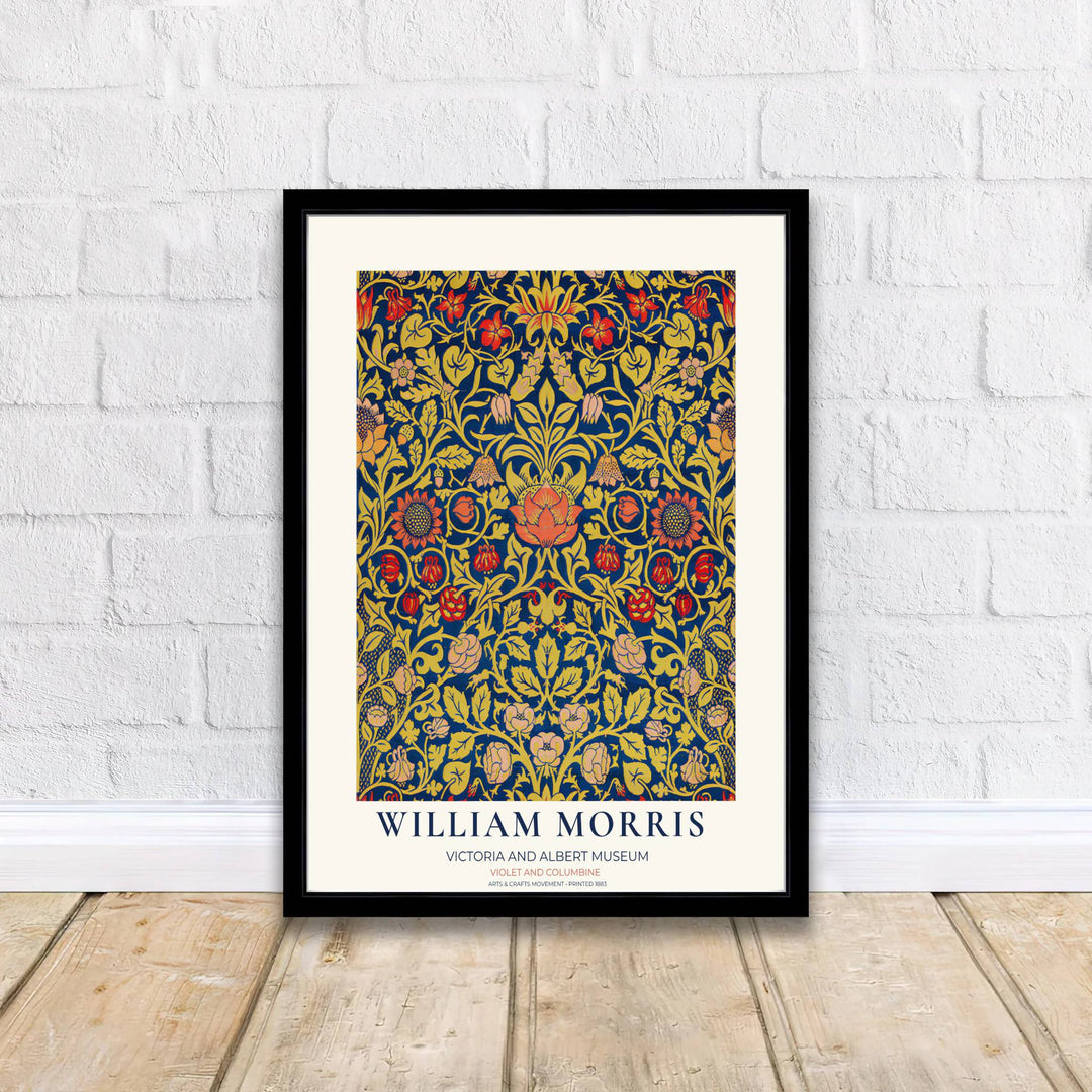 Detailed botanical pattern artwork showing William Morris Violet and Columbine motifs from the Victoria and Albert Museum decorates this print. Order fine art framed, unframed, and canvas poster options at MapYourDreams.