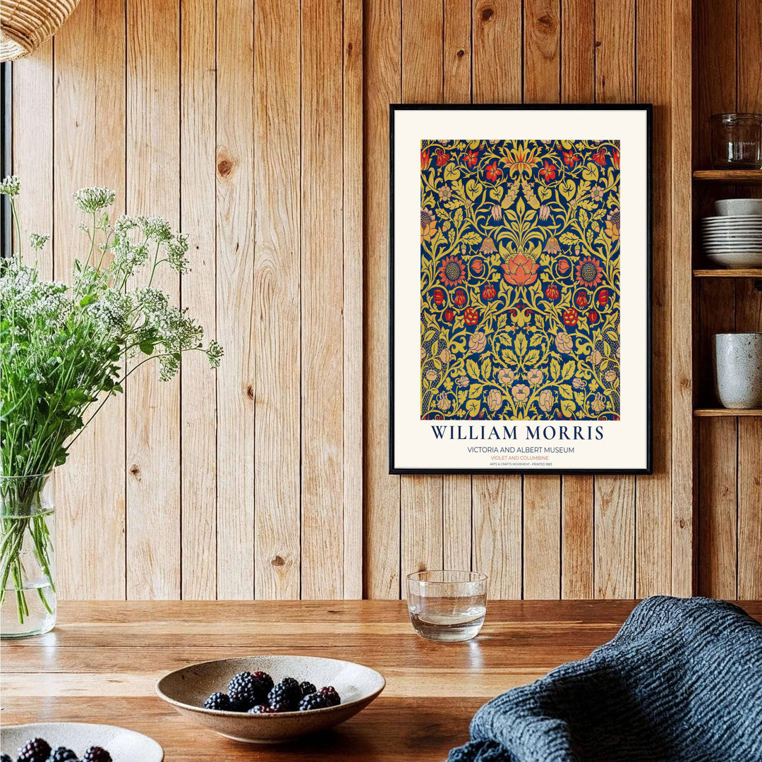 Rich dark indigo backgrounds and golden acanthus tendrils mark this William Morris Violet and Columbine museum poster. MapYourDreams delivers quality framed, unframed, and canvas print options for decor.