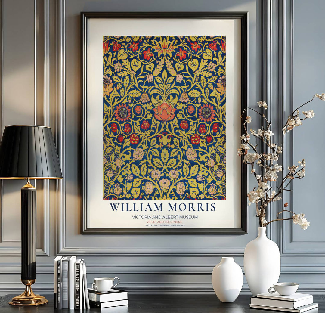 Elegant pink and red floral blooms framing golden vines on this William Morris Violet and Columbine exhibition piece mark this print design. Choose tailored framed, unframed, and canvas poster formats at MapYourDreams.