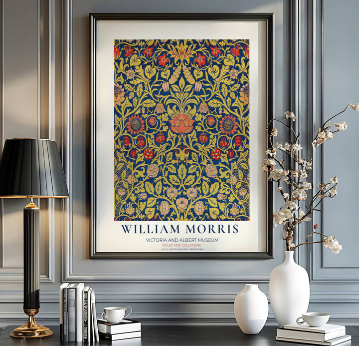Elegant pink and red floral blooms framing golden vines on this William Morris Violet and Columbine exhibition piece mark this print design. Choose tailored framed, unframed, and canvas poster formats at MapYourDreams.