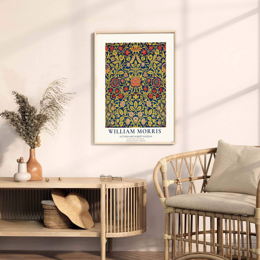 A vintage Arts and Crafts botanical perspective highlighting William Morris Violet and Columbine at the Victoria and Albert Museum anchors this print piece. Shop premium framed, unframed, and canvas options at MapYourDreams.