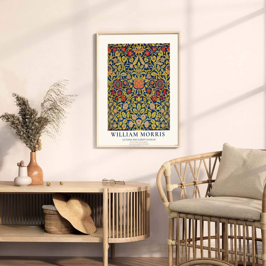 A vintage Arts and Crafts botanical perspective highlighting William Morris Violet and Columbine at the Victoria and Albert Museum anchors this print piece. Shop premium framed, unframed, and canvas options at MapYourDreams.