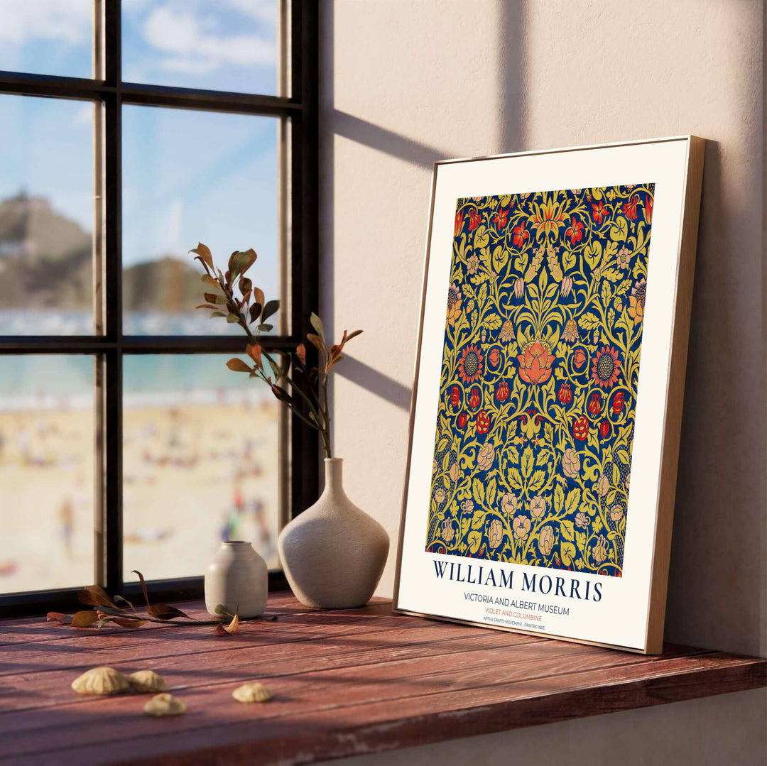 Symmetrical Arts and Crafts floral textile design in this William Morris Violet and Columbine artwork highlights museum heritage. MapYourDreams offers archival framed, unframed, and gallery canvas decor formats.