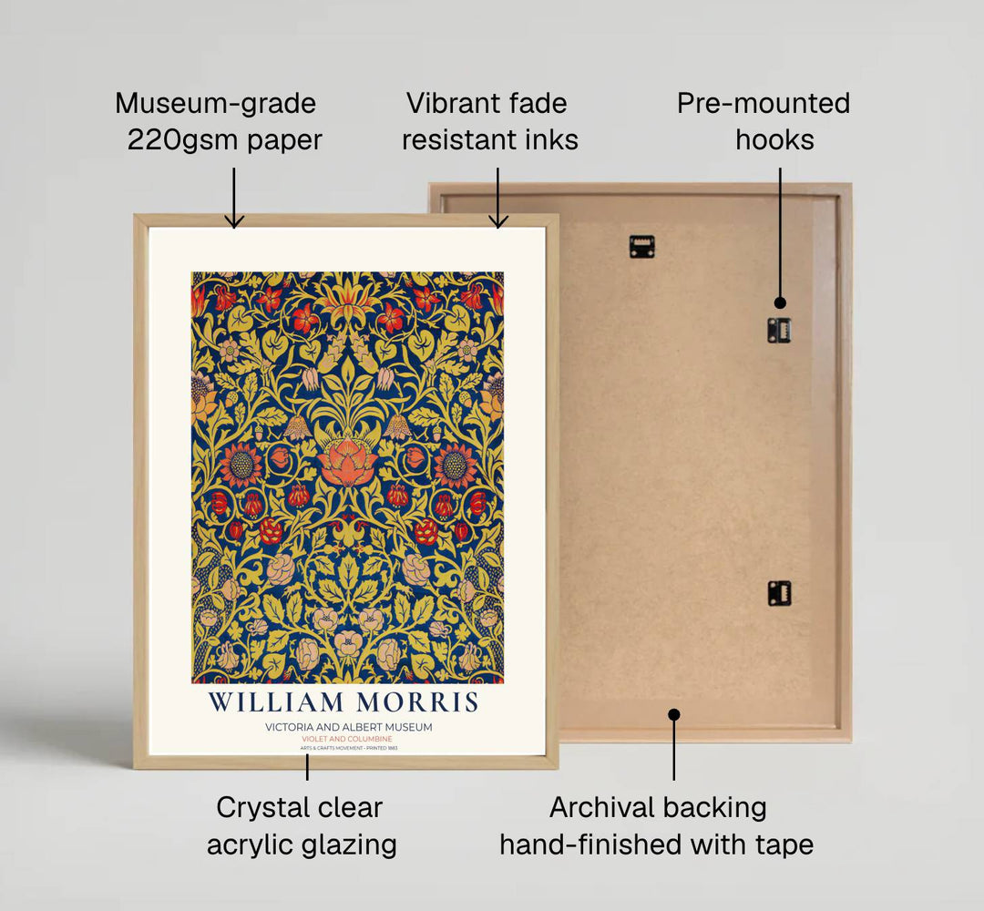 Intricate mustard gold leaves and red blossoms interweave in this William Morris Violet and Columbine print from the Victoria and Albert Museum. Select framed, unframed, or canvas poster styles at MapYourDreams.