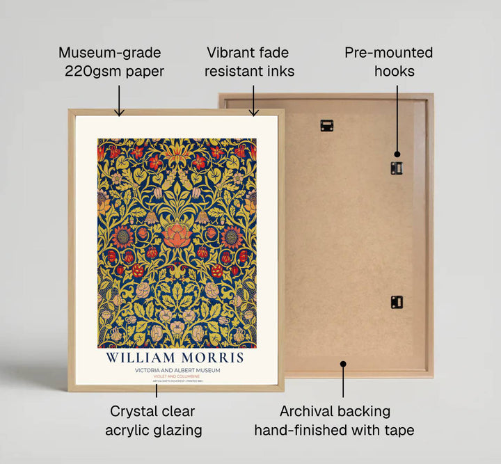 Intricate mustard gold leaves and red blossoms interweave in this William Morris Violet and Columbine print from the Victoria and Albert Museum. Select framed, unframed, or canvas poster styles at MapYourDreams.