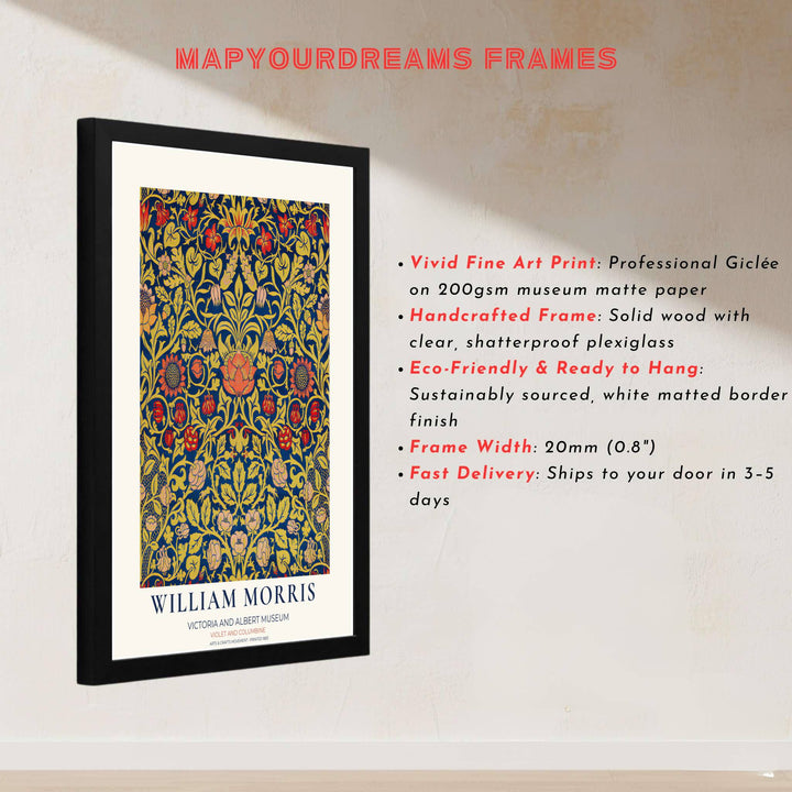 Vintage exhibition poster aesthetics with intricate botanical motifs of William Morris Violet and Columbine shine in this print piece. MapYourDreams presents quality framed, unframed, and canvas options for decor.