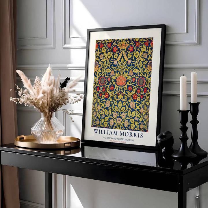 Symmetrical Arts and Crafts floral textile design by William Morris highlights the Victoria and Albert Museum collection on this print. MapYourDreams offers archival framed, unframed, and gallery canvas decor formats.