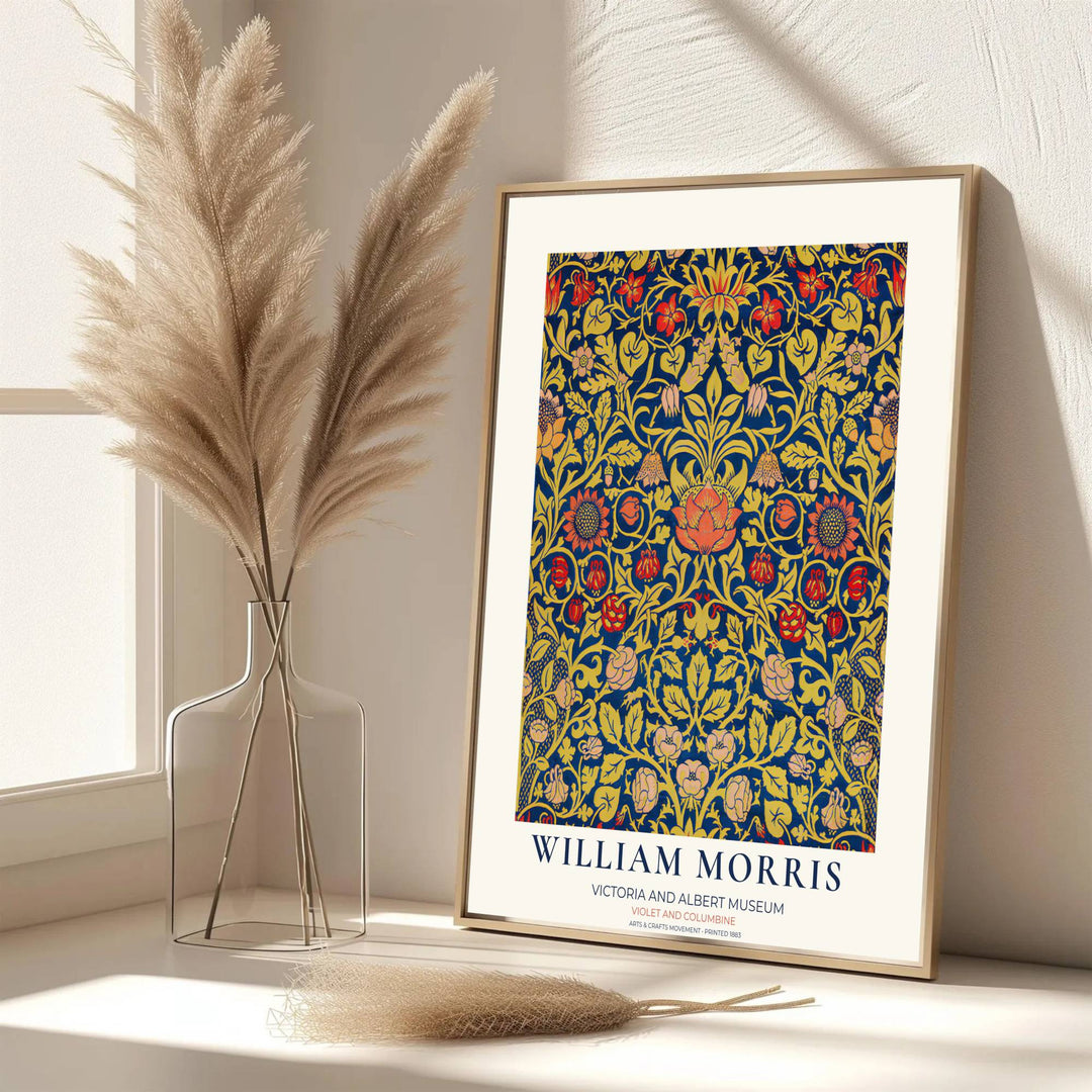 Classic Victorian home decor vibes and sweeping botanical symmetry define this William Morris Violet and Columbine poster print. MapYourDreams features framed, unframed, and canvas options for living room decor.