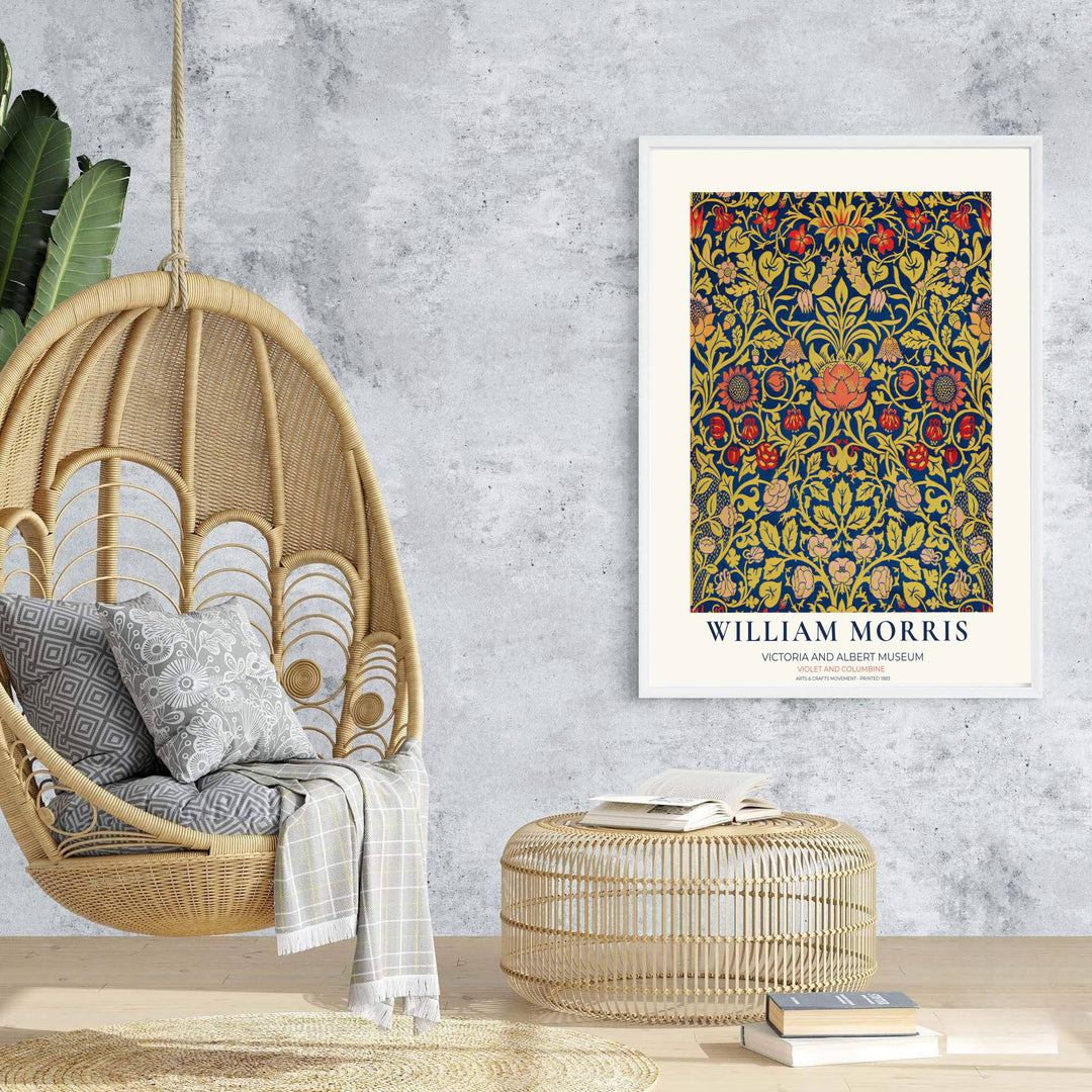 Vibrant blue backgrounds and golden floral vines based on William Morris Violet and Columbine archives lend depth to this art print. Browse archival framed, unframed, and canvas options at MapYourDreams.