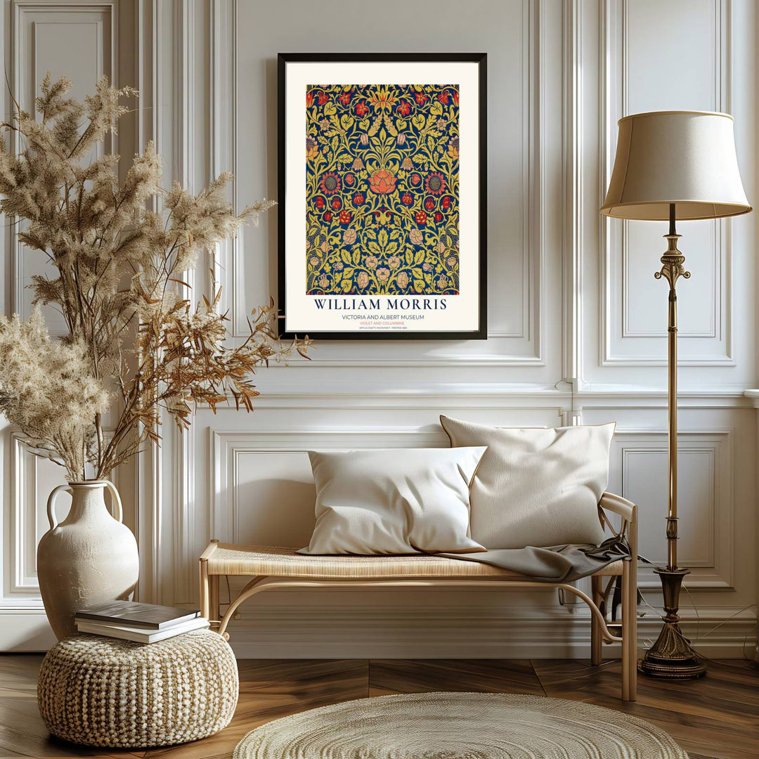 Exotic vintage floral pattern art featuring archival William Morris Violet and Columbine motifs shines in this print. Order custom framed, unframed, and canvas options at MapYourDreams for an elegant accent.