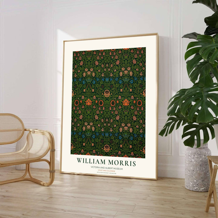 Detailed botanical pattern showing green William Morris Violet and Columbine motifs from the Victoria and Albert Museum archives decorates this fine art print. Order custom framed, unframed, and canvas poster options at MapYourDreams.