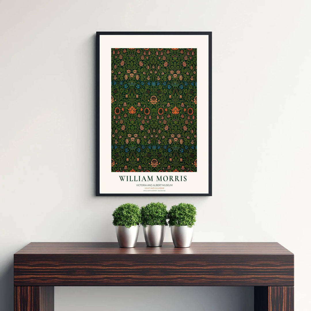 Rich dark green backdrop and golden leaf tendrils mark this William Morris Violet and Columbine Victoria and Albert Museum poster. MapYourDreams delivers quality framed, unframed, and canvas print options for interior decor.