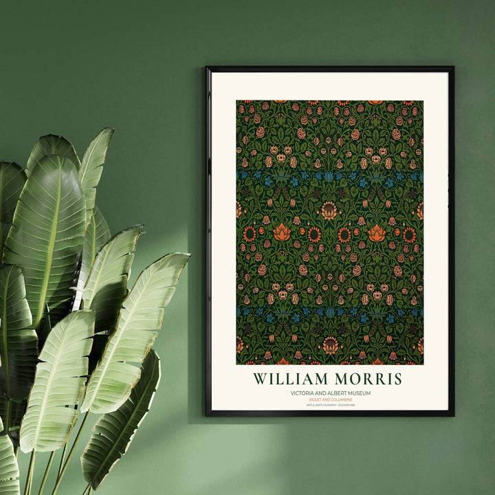 Elegant salmon pink and coral floral blooms framing olive green leaves on this William Morris Violet and Columbine museum piece create stunning wall decor. Choose tailored framed, unframed, and canvas poster formats at MapYourDreams.